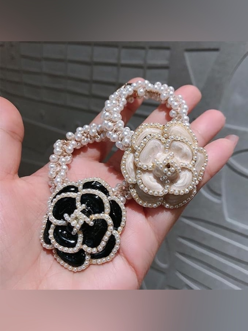 2 pieces Pearl Embellished Black and Cream Flower Hair Ties